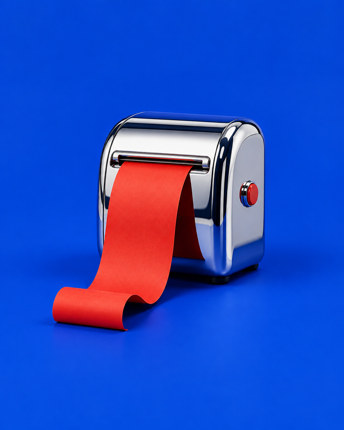 A chrome receipt printer issuing a red paper strip.