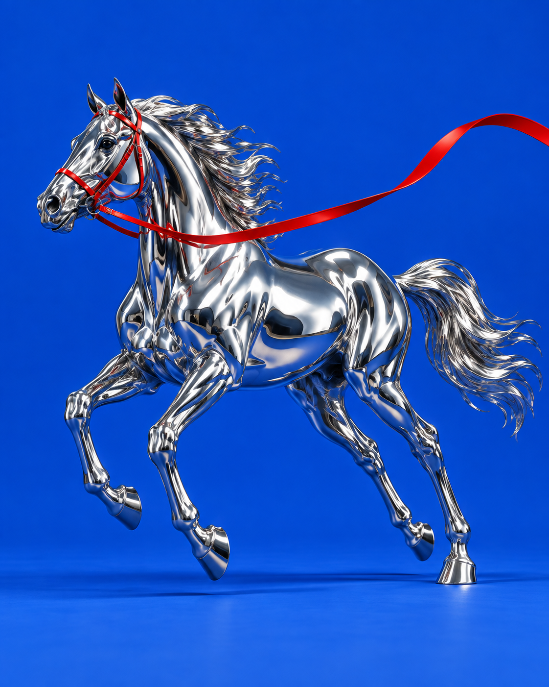 A chrome horse in motion with a red rein.