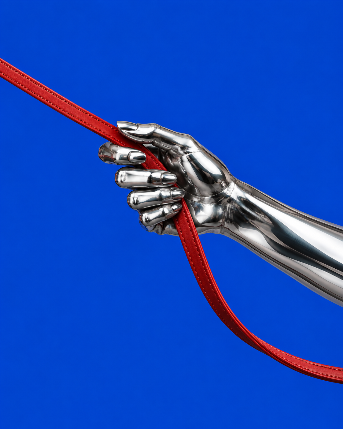 A chrome hand holding a red rein.