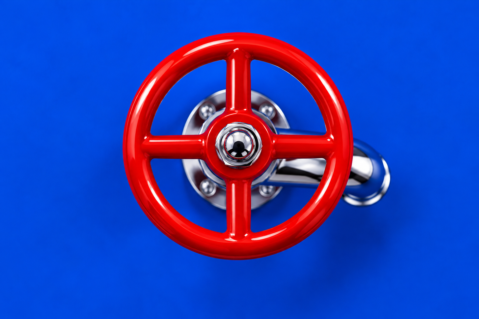 An overhead view of a red valve wheel on a chrome faucet.