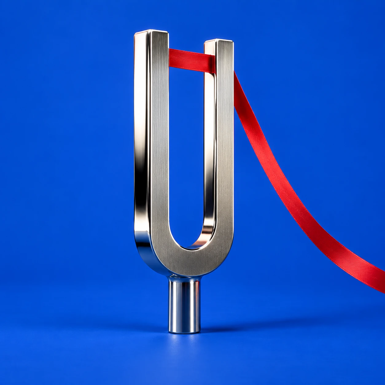A machined silver tuning fork with a taut red ribbon between its prongs.