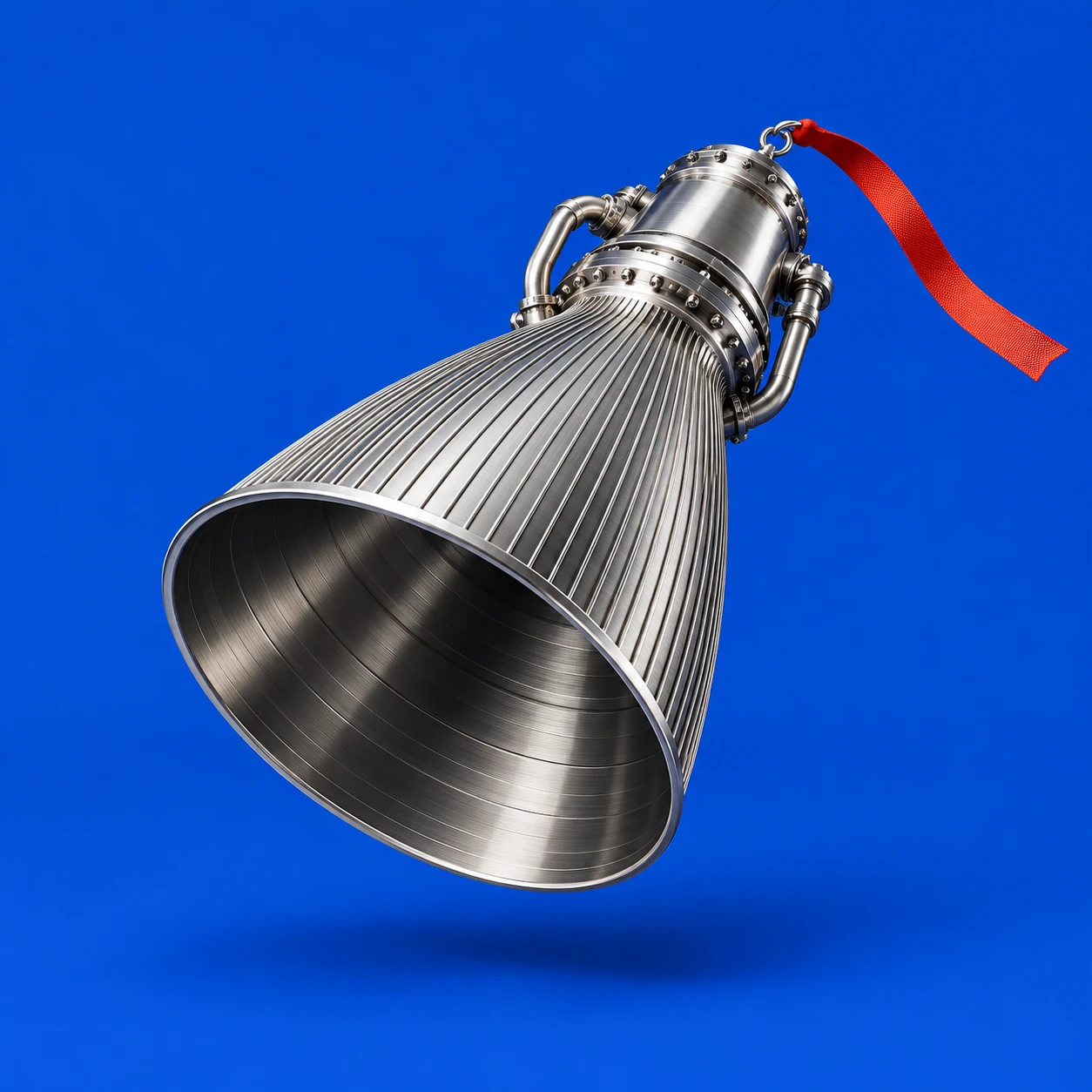 A silver aerospace engine bell suspended above blue, with a red safety ribbon.